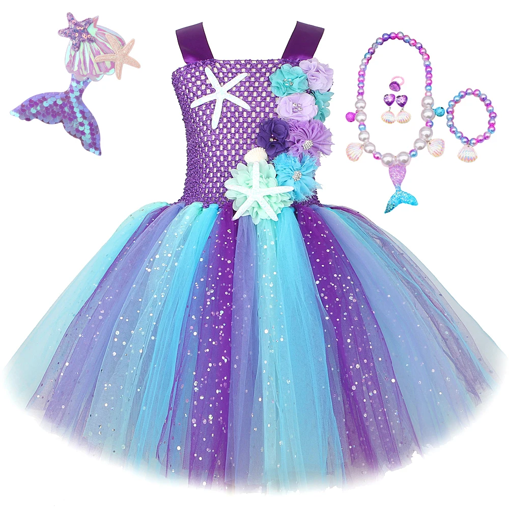 Sparkly Flowers Mermaid Dresses for Girls Birthday Party Costumes Kids Halloween Christmas Outfit Princess Seamaid Ballet Tutus