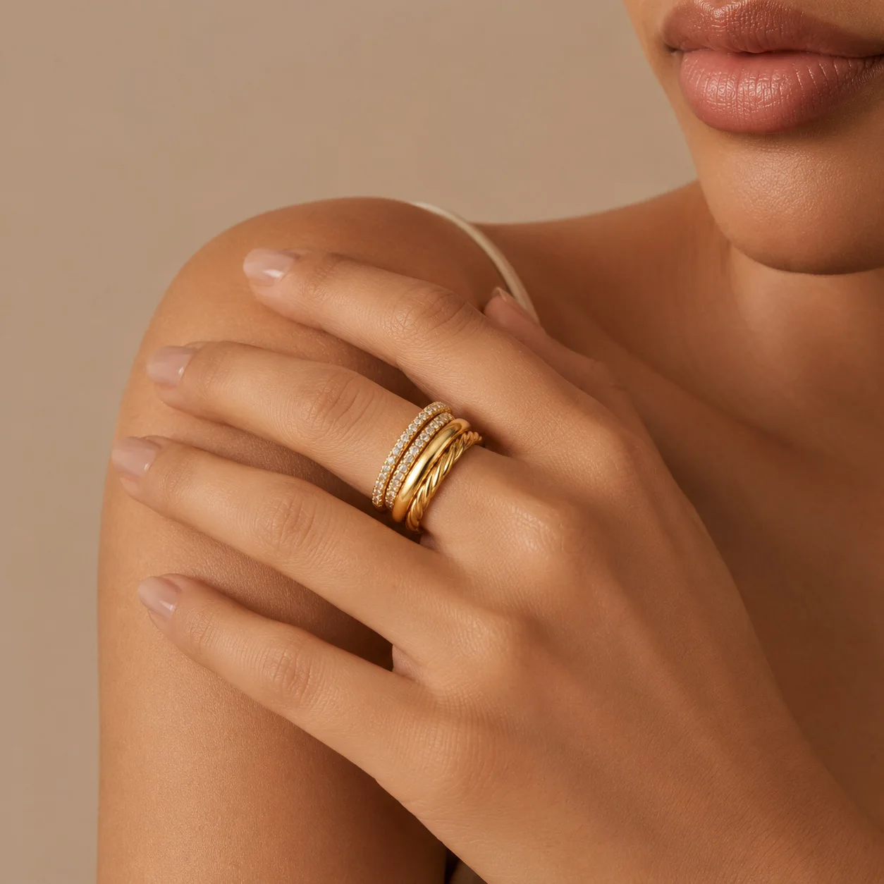 Stylish 18K Gold Plated Copper Multi Layer Stackable Zircon Twist Ring Set for Women 4 Pcs Decorative Daily Jewelry Gift