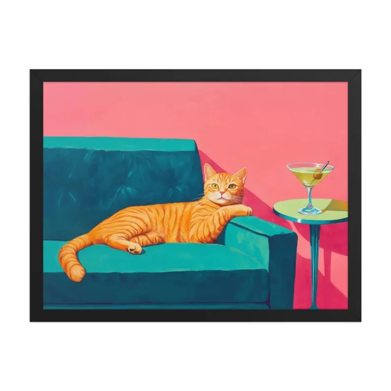 Mid-Century Ginger Cat with Martini Art Print | Cocktail Art Bar Art Print Gift | Orange Cat Wall Art Unframed Canvas Art Pri