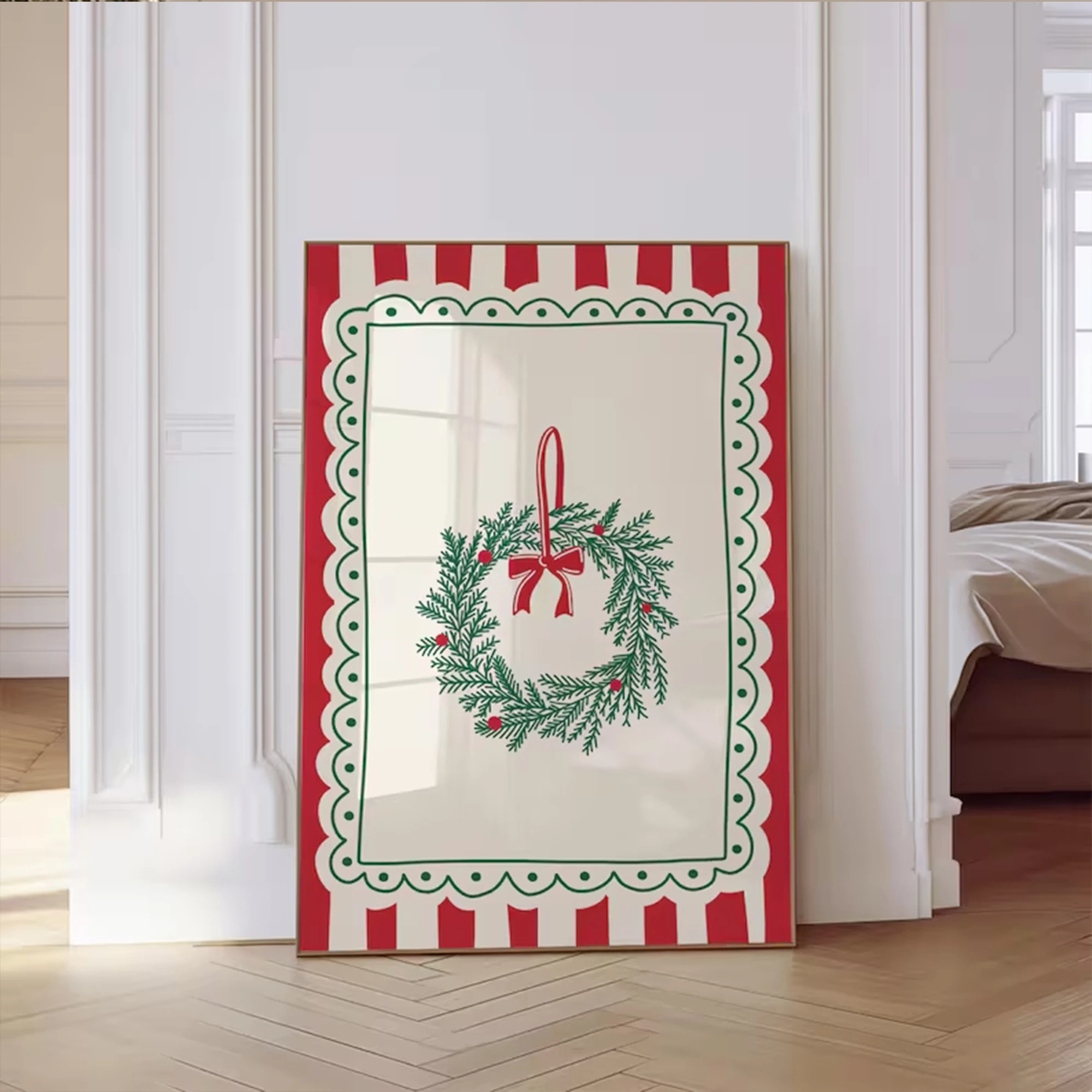 Retro Striped Christmas Wreath Wall Art Print Canvas Painting Poster Picture For Living Room,Bedroom Home Decor