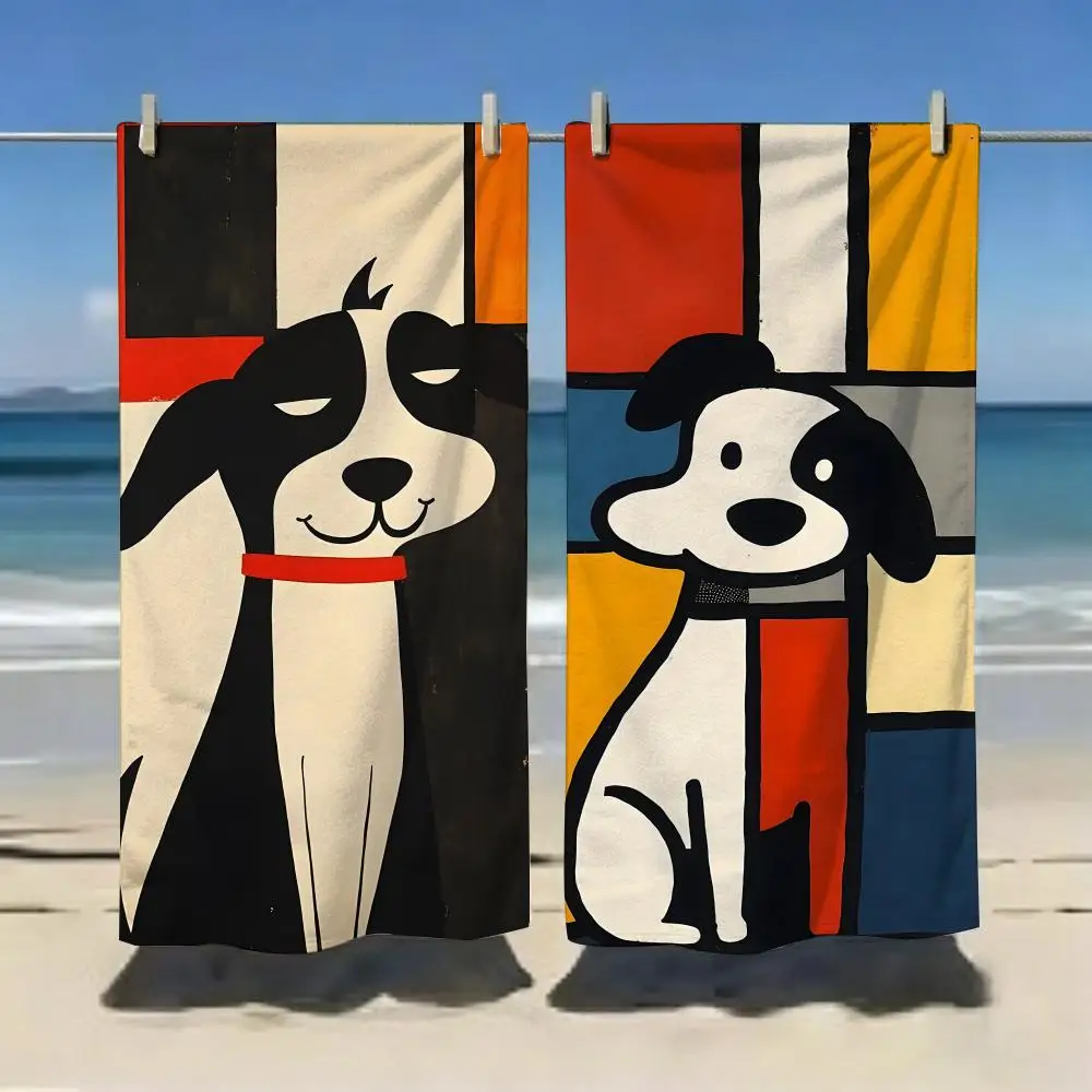 Abstract Mondrian Dog Art Towel Microfiber soft Beach Towel for Travel Fitness Sauna Bathing Camping