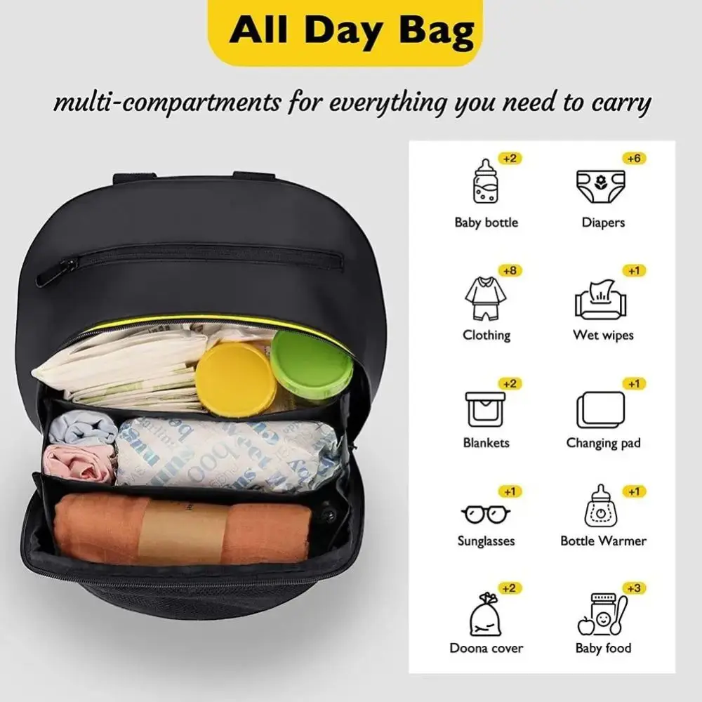 Portable 2 In 1 Mommy Storage Bag Waterproof Black Diaper Bag Large Capacity Mom Backpack Doona Stroller
