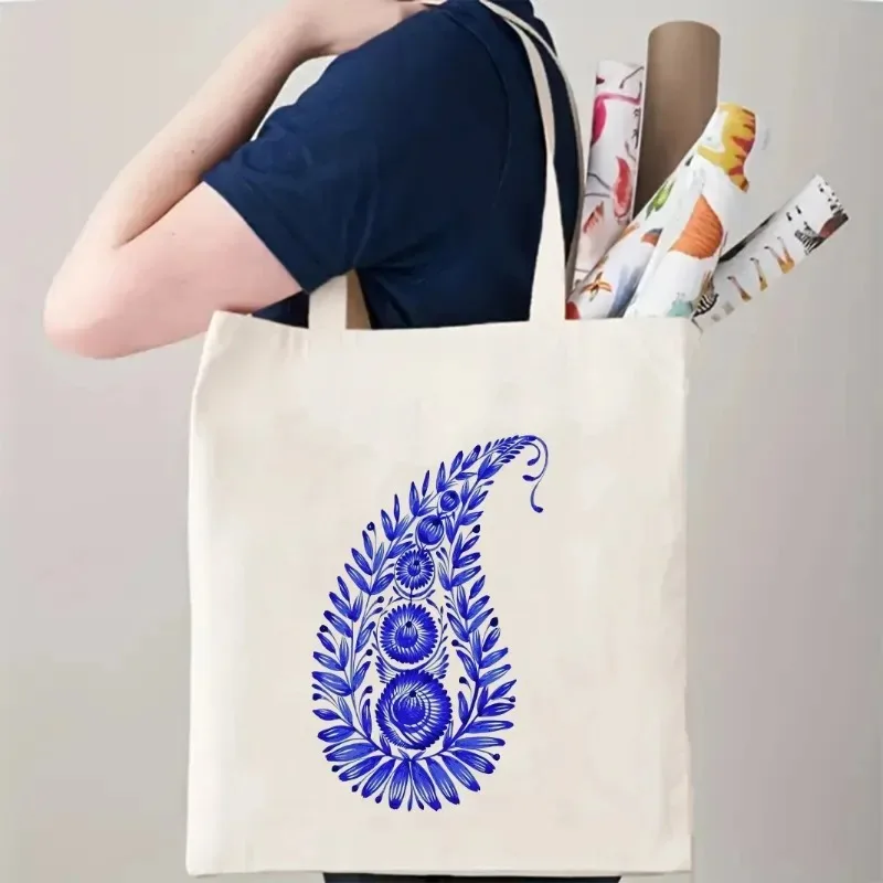 

Boho Water Drop Shoulder Bag Traditional Ethnic Floral Leaf Pattern Tote Bag Women's Casual Canvas Bag Reusable Shopping Bag