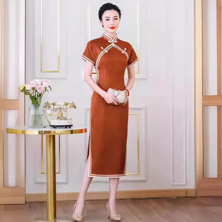 

High-End Cheongsam Qipao Summer Women's Retro Improved Quality Real Silk Dress Slim Temperament Chinese Chi-Pao