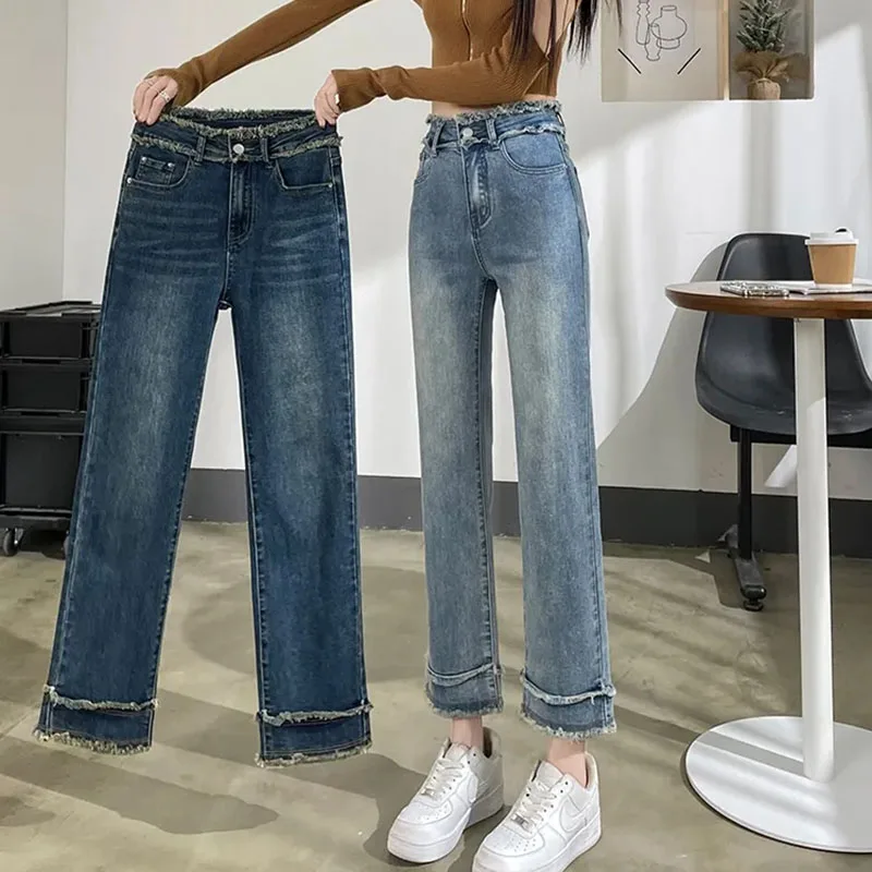 

Spring Autumn Female Korean Jeans High Waisted Design Sense Nine Points Denim Pants Women New Smoke Pipe Straight Tube Jeans