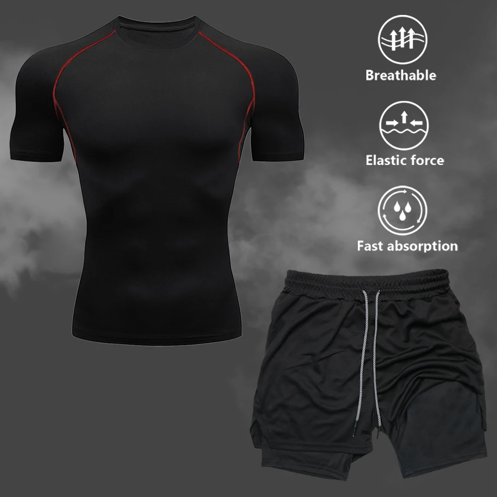 

Мужской спортивный комплект: быстросохнущая компрессионная футболка и шорты с завязками, комплект из двух предметов для ежедневных пробежек и занятий фитнесом.