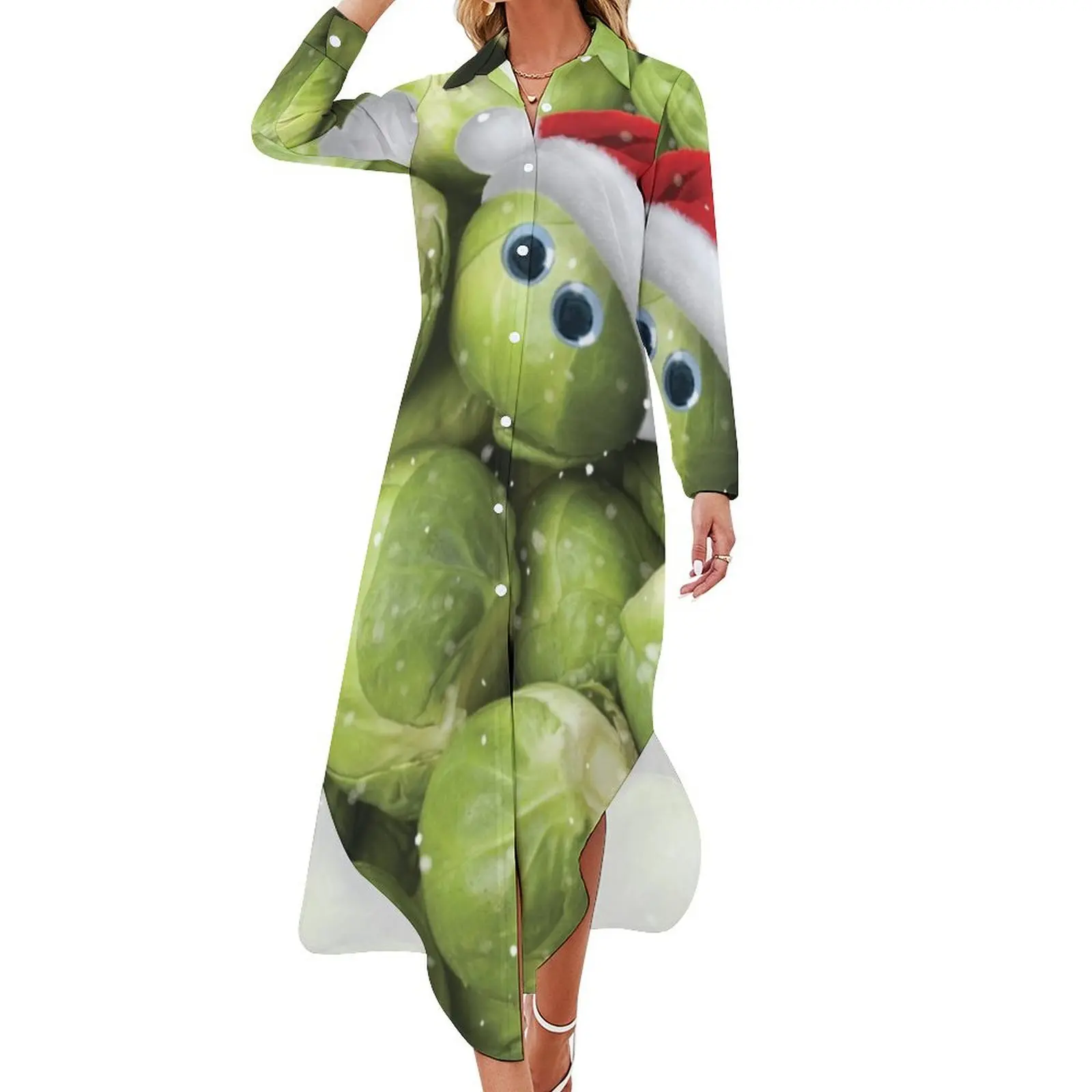 

Christmas Sprout With Santa Hat Print Long Sleeved Shirt Dress long dress women Dresses gala