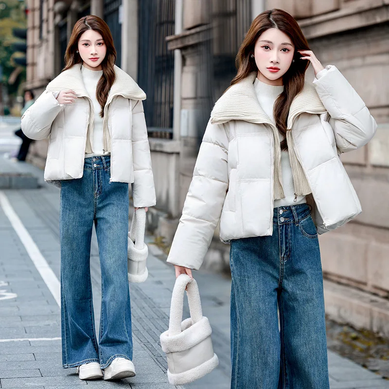 Autumn Winter Women Short Loose Padded Quilted Puffer Jacket Thickened Insulated Windproof Big Turn Down Collar Zipper Outerwear