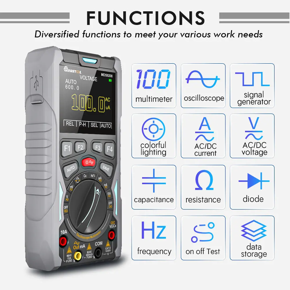 MUSTOOL MDS9208 3In1 Oscilloscope Multimeter Signal Generator 12MHz 50Msps Portable High Storage Capacity Low Power Consumption