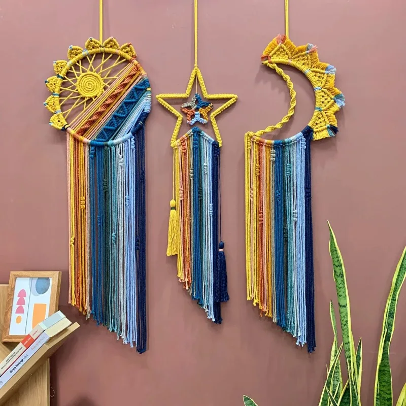 ‌Bohemian Fringe Wall Hanging with Star Moon Sun Dreamcatcher - Colorful Tapestry for Living Room Bedroom Decor