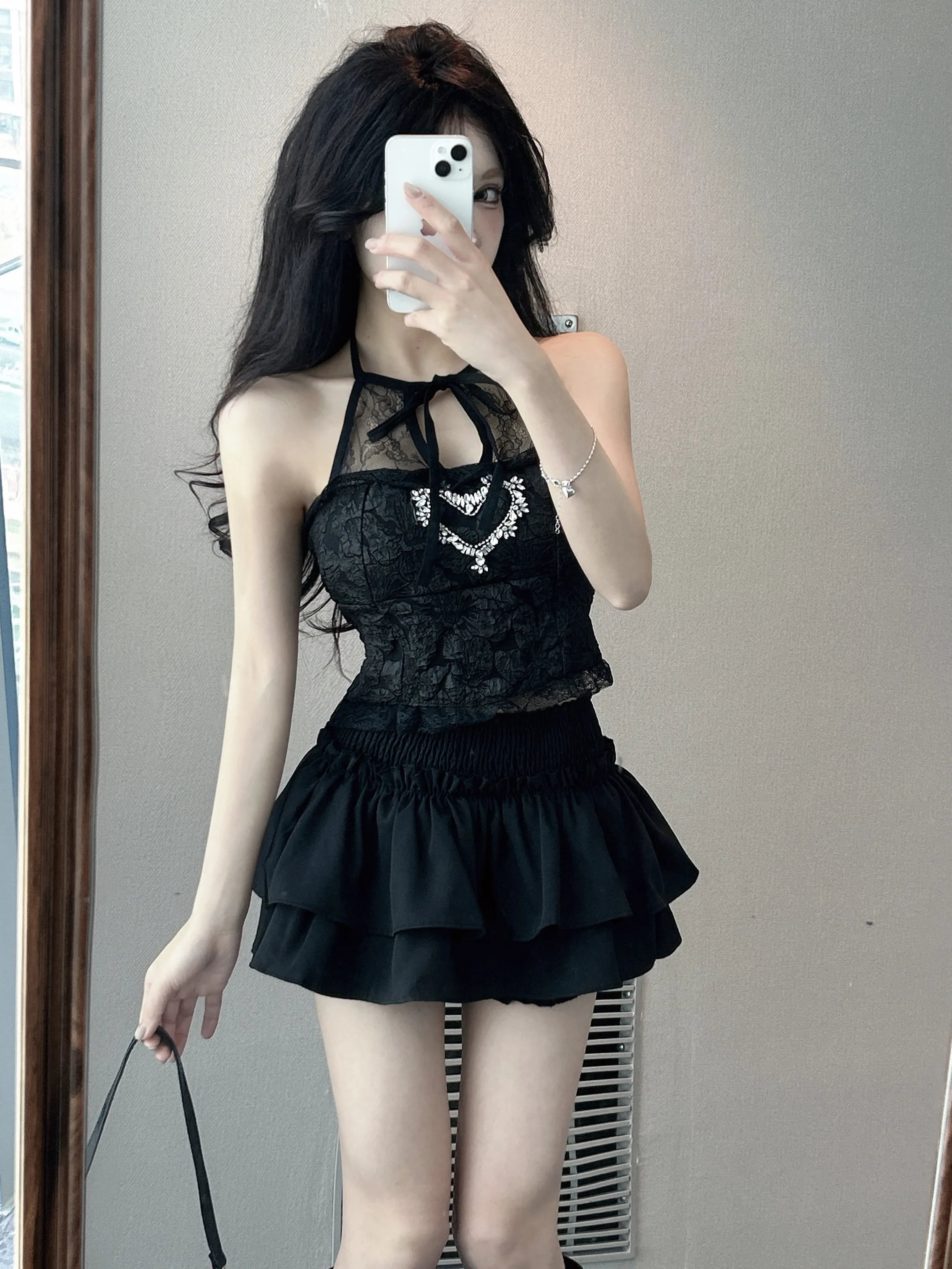 

Японский костюм Spice Girls, женский летний милый кружевной вырез, жилет с высокой талией, универсальные комплекты с юбкой-трупкой