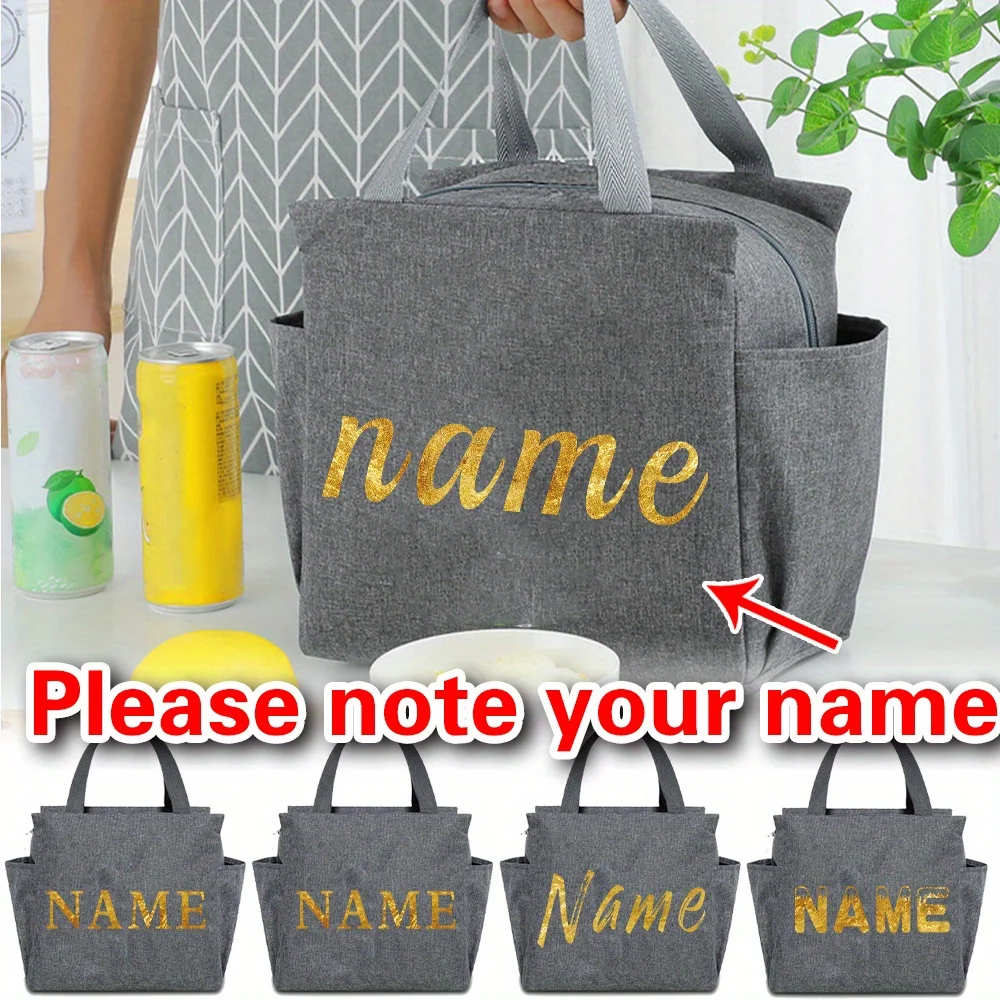 

Customized Name Insulated Grey Lunch Bag Personalized Aluminum Foil Bento Lunch Bag Portable Insulated Picnic Food Bag