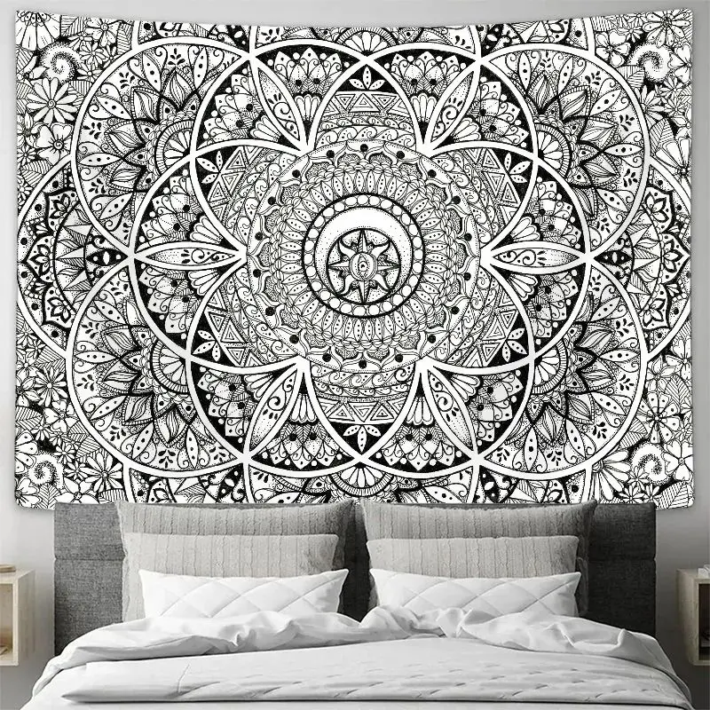 VIKAMA Black White Mandala Tapestry Wall Hanging Bohemian Decor Bedroom Living Room Art