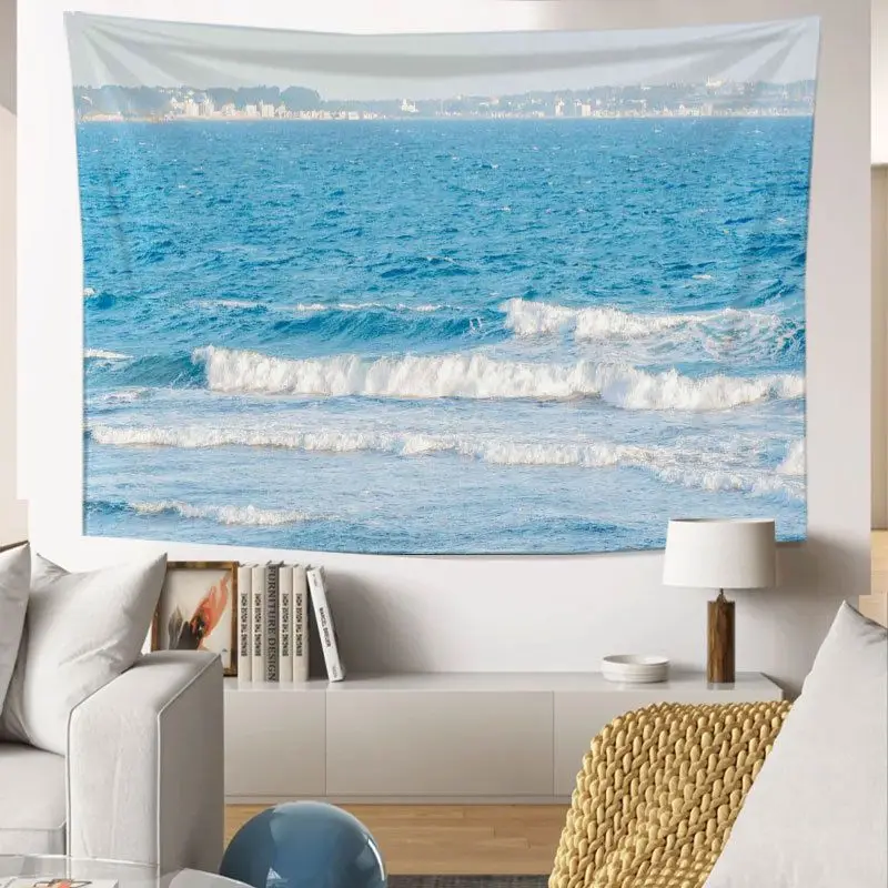 VIKAMA Blue Wave Sea View Landscape Tapestry, HD Wear-Resistant Fabric Wall Hanging for Coastal Living Room Decor