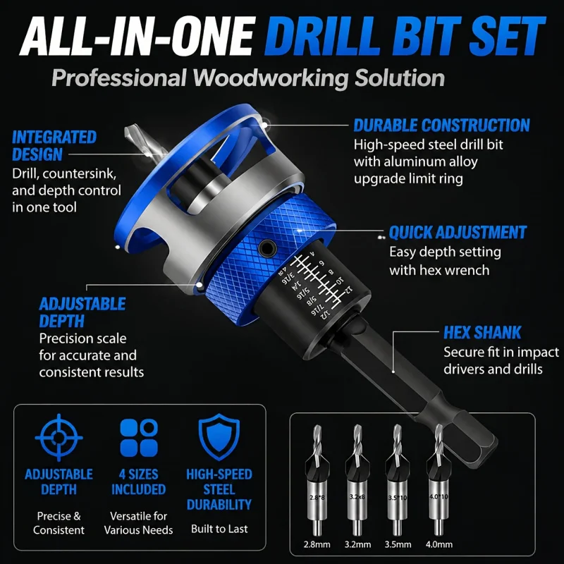 5pcs Aluminum Countersink Drill Bits, 1/4