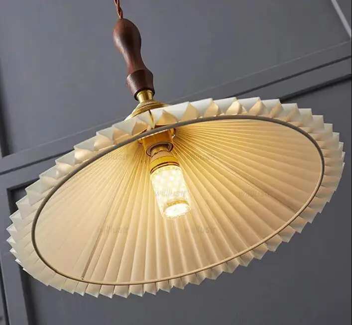 

Vintage Copper Pleated Fabric Pendant Lamp Walnut Wood Suspension Light Hotel Cafe Bar Hanging Ceiling Chandelier