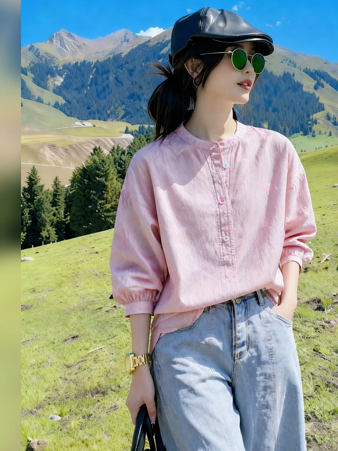 

Chic Lightweight round Neck Shirt Women's Pink Fashionable Commute Style Summer 2026 Soft Breeze Anti-Aging Top