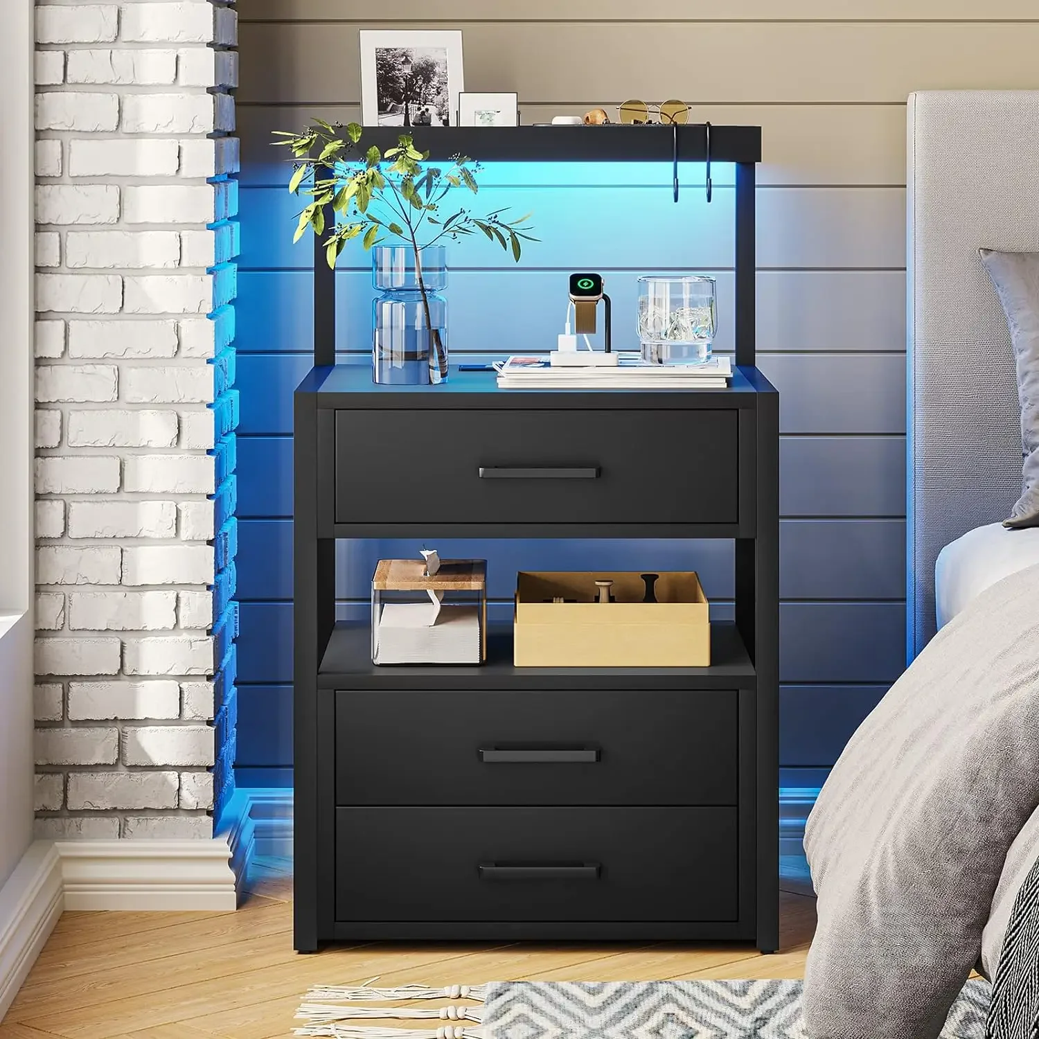 Nightstand ชุด1/2ที่มีสถานีชาร์จและไฟ LED, โต๊ะข้างเตียงที่มี3ลิ้นชักและชั้นวางจัดเก็บเปิด2พอร์ต USB