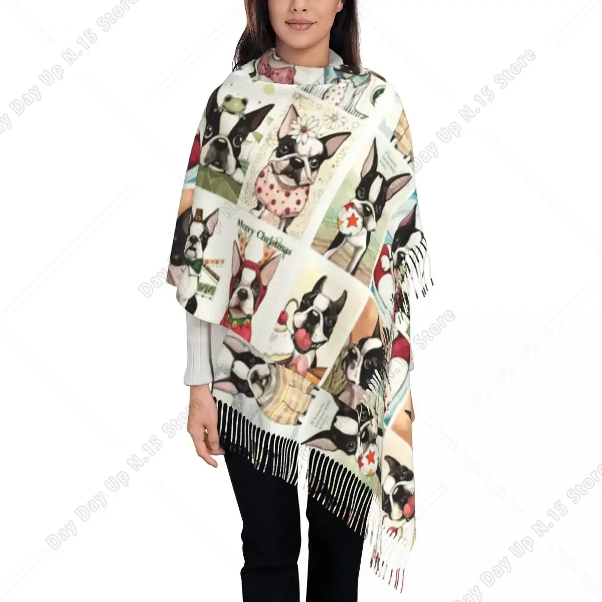 Luxury Boston Terrier Cute Dog Pattern Tassel Scarf Women Winter Warm Shawl Wrap Female Scarves
