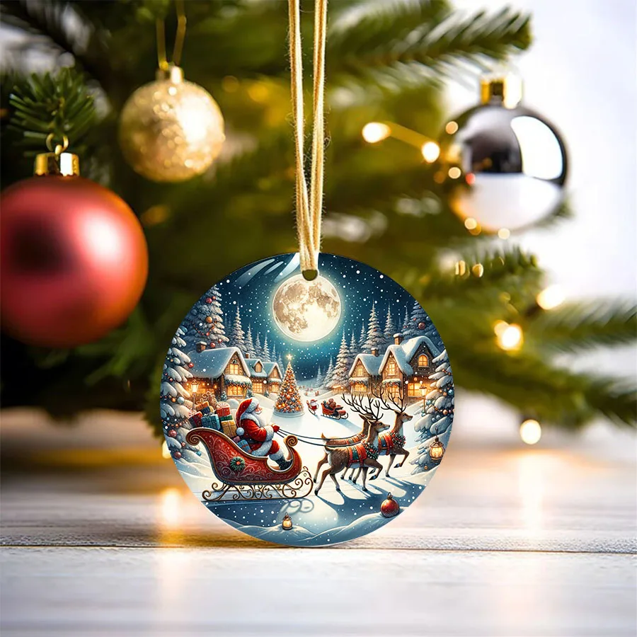 2pcs Round Christmas Night Santa Claus Tree Ornament DIY UV DTF Rub On Transfer Stickers Glass Cup Wrap Winter XMas Home Decor