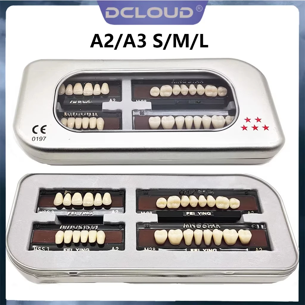 DCLOUD 28 unids/caja dentaduras postizas de resina Dental juego completo de dientes postizos boca completa dentaduras superiores inferiores L/M/S dientes de acero de plástico A2 A3