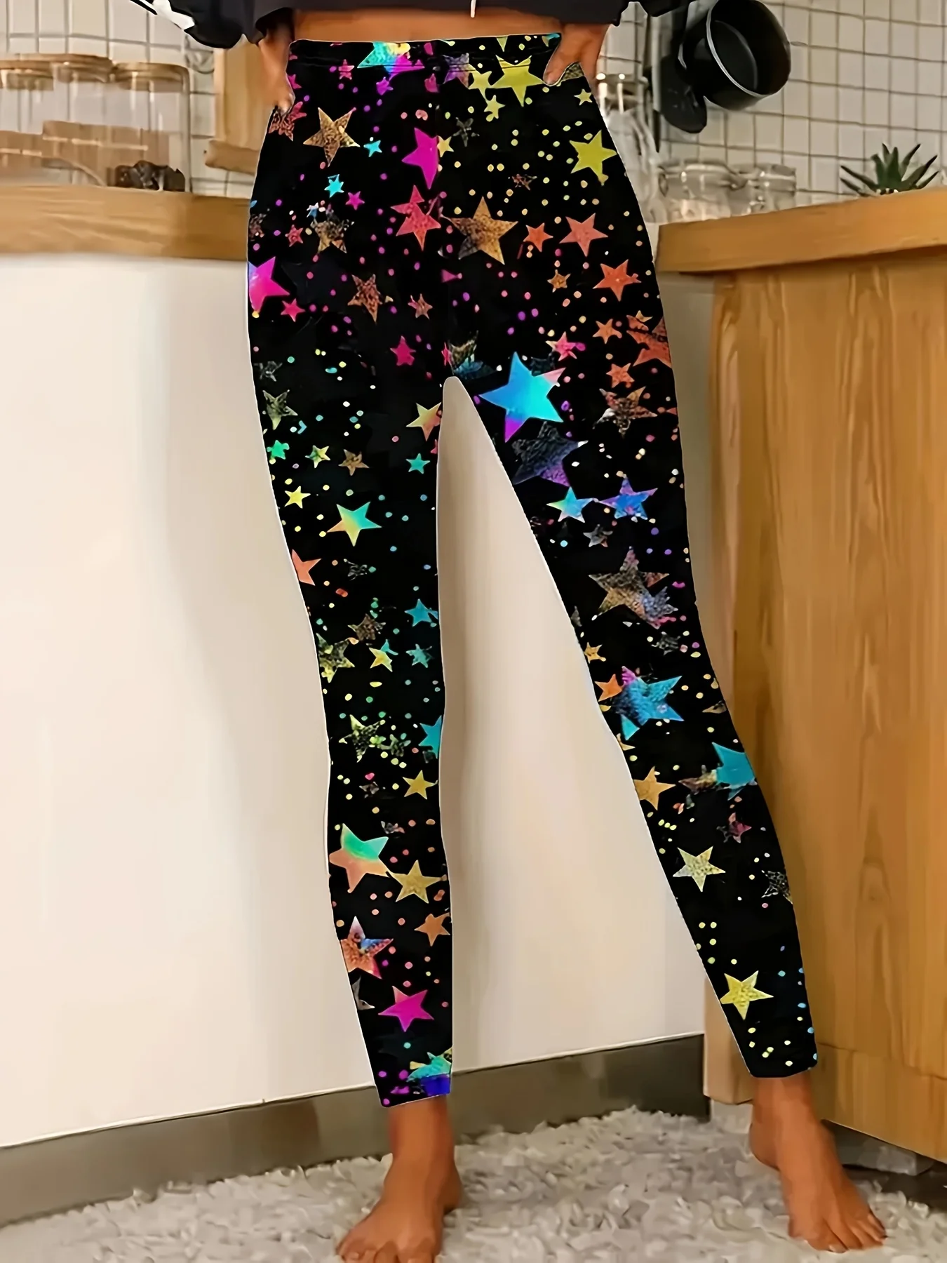 Women Mid‑Rise Fleece Lined Leggings Colorful Star Print Soft Stretch Slim Warm Ladies Casual Daily Pants