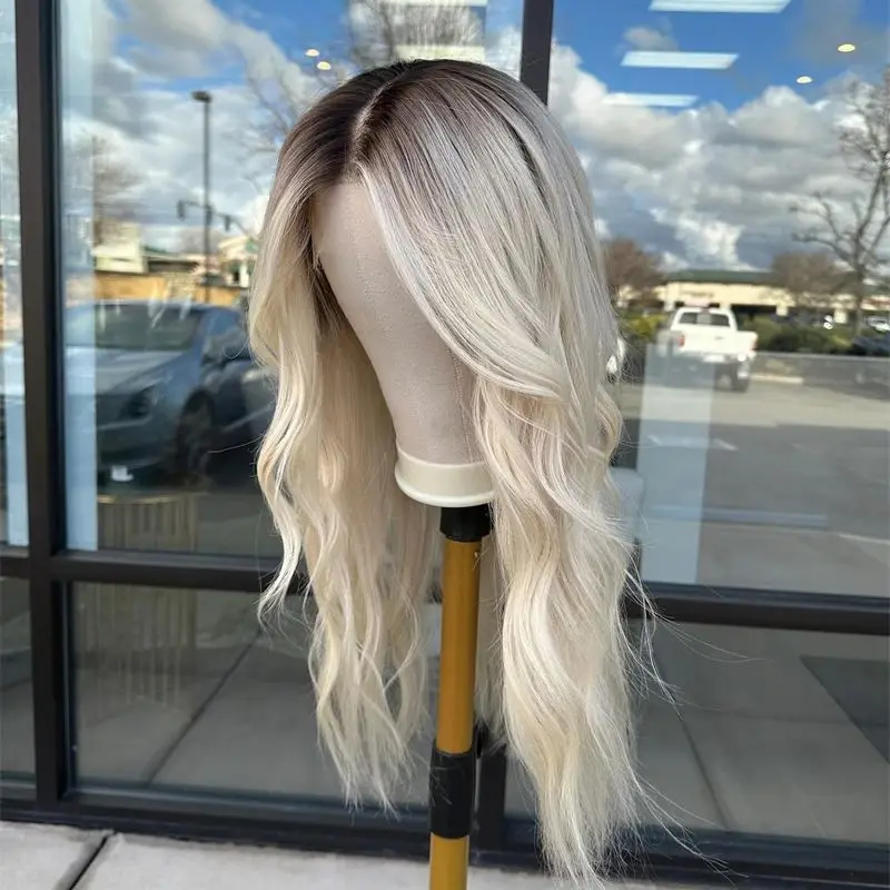 

High Quality Wig Light Blonde Colorde with Dark Roots Synthetic HD Lace Front Wig Summer Weight Wig Cool The Wig Witch 28 Inch