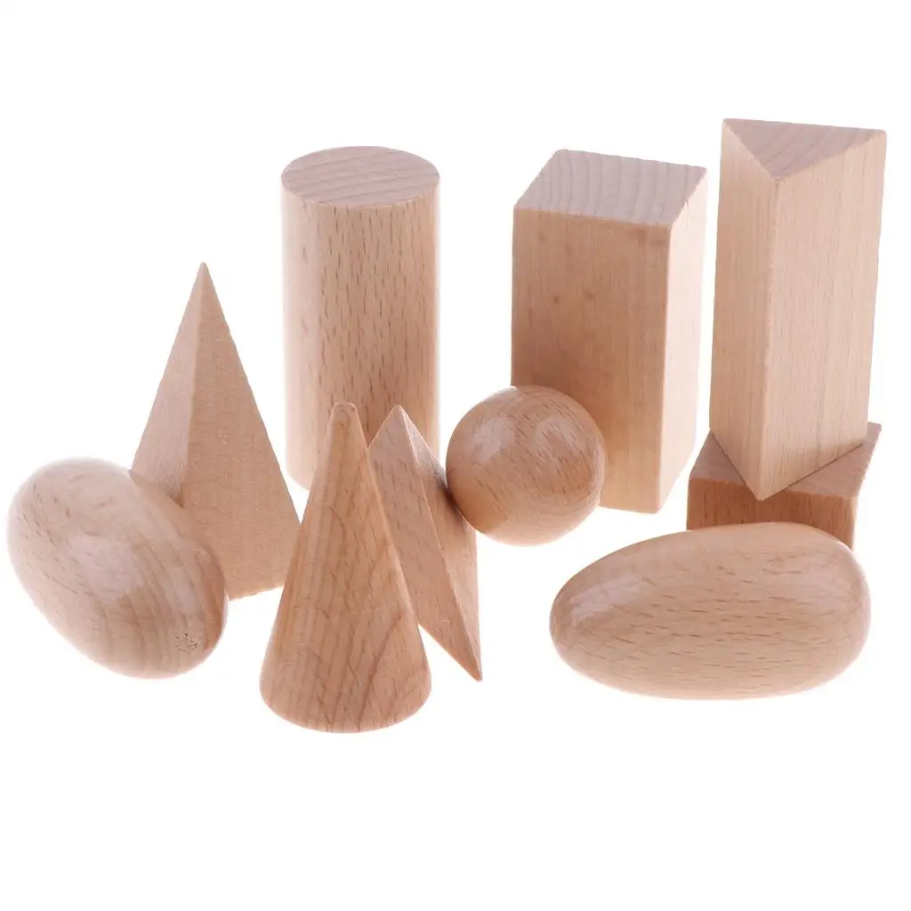 Conjunto de 10 brinquedos educativos montessori de matemática de sólidos geométricos de madeira para crianças