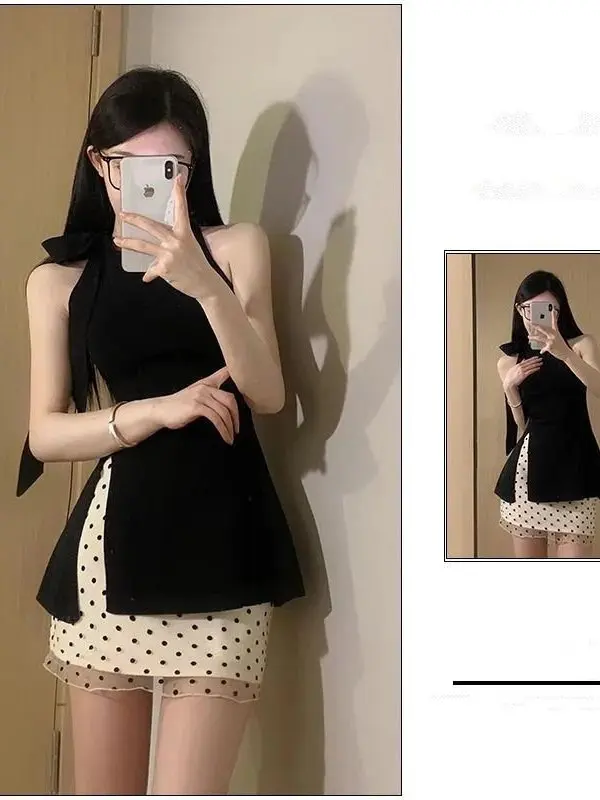 Summer Outfit Polka Dot Halter Neck Two-Piece Set Design Sensation Small Audience Tie-Band Split Skirt Breathable Short Sleeve