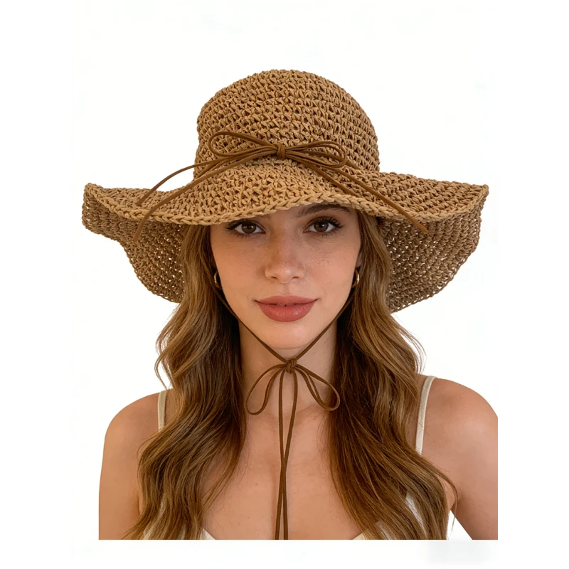 

Женская соломенная шляпа ручной работы с бантом и ремешком на подбородок, широкополая пляжная шляпа для летних путешествий