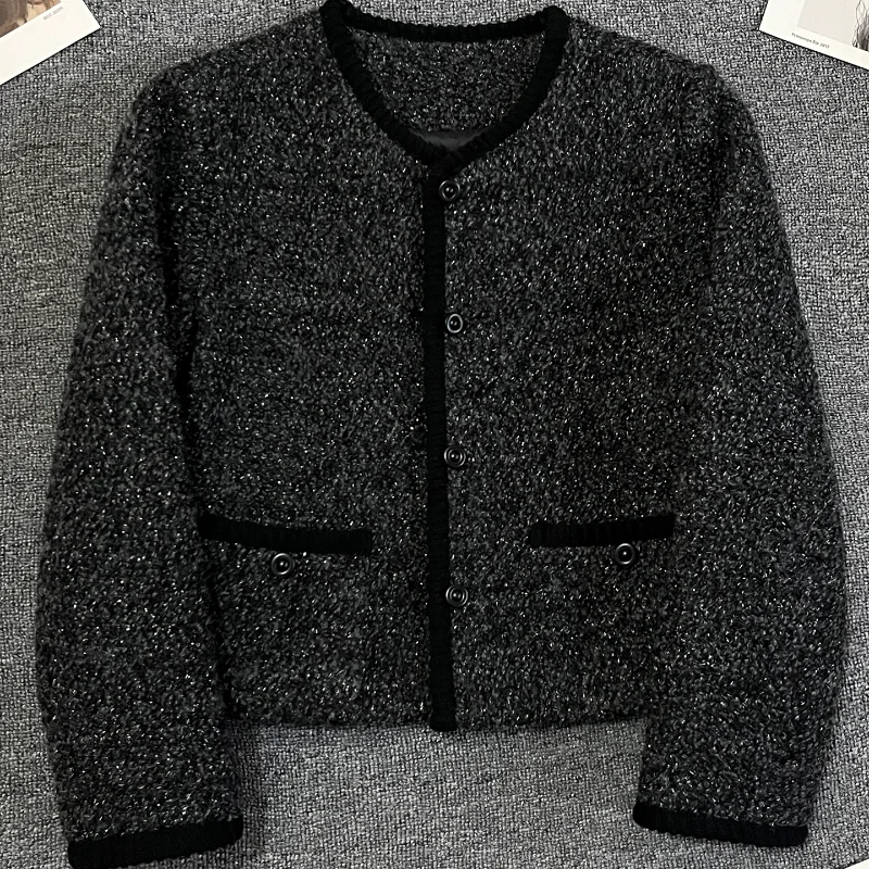 Black Fragrance Down Liner Autumn Winter Short Jacket for Women Fashionable Warm Simple French Lady Coarse Tweed Jacket