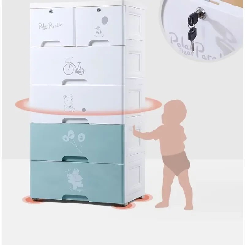 Plastic Storage Cabinet for Kids Clothes Multi Layer Cartoon Wardrobe Durable Space Saving Organizer for Baby Room Living
