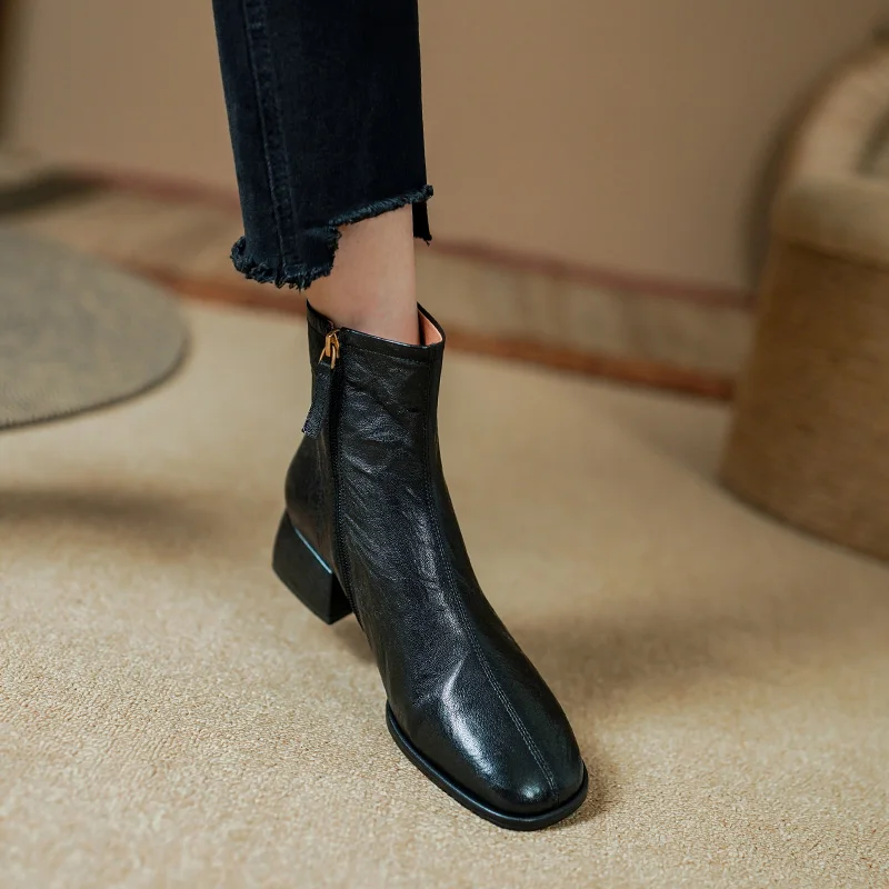 Woman Ankle Boots Sheepskin Shoes French Style Winter Boots Side Zip Autumn Spring Basic Botas Real Leather Elegant Shoes