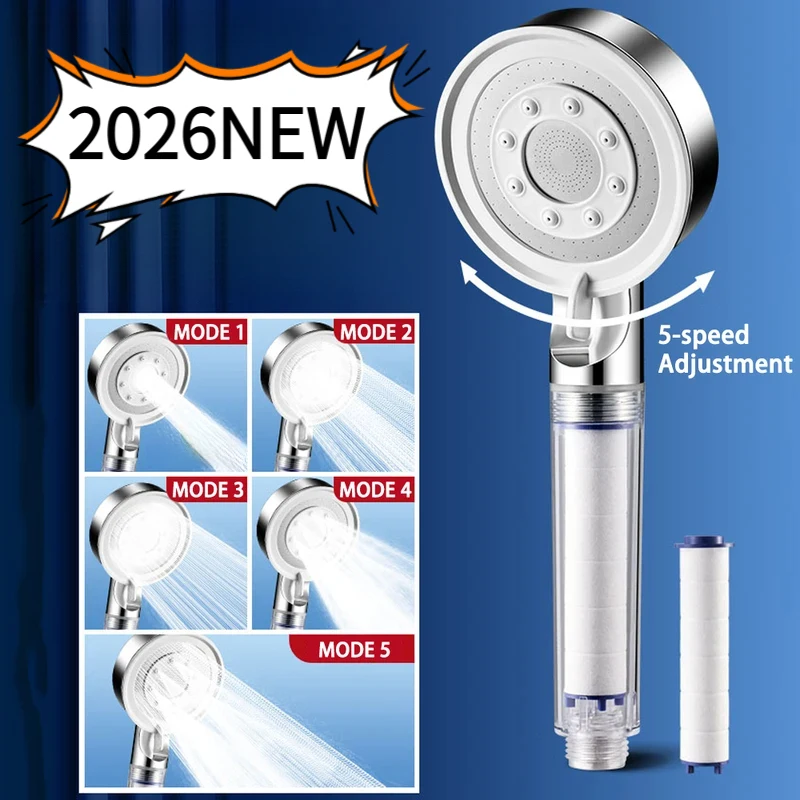 

Новый душевой набор 2026 года: насадка для душа высокого давления с 5 режимами струи, регулируемая, с фильтром, большой расход воды, аксессуары для ванной комнаты