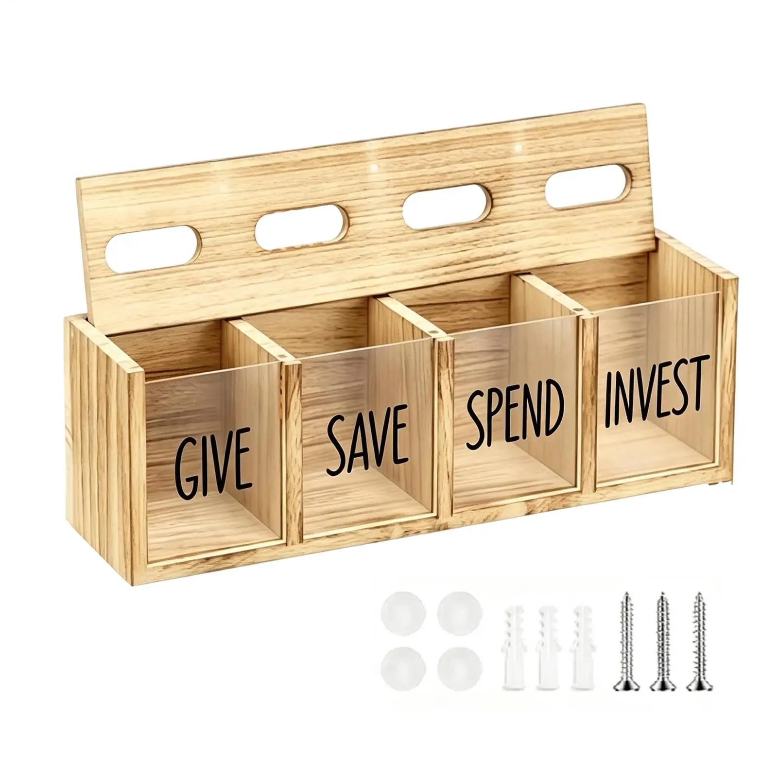 Wooden Saving Box with 4 Compartments Transparent Organizer Holder Wooden Give Save Spend Box for Children Adults Family