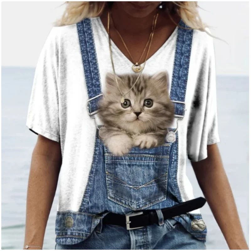 New cartoon cat pattern V-neck short sleeved top for women, versatile and comfortable, cute commuting style T-shirt for women