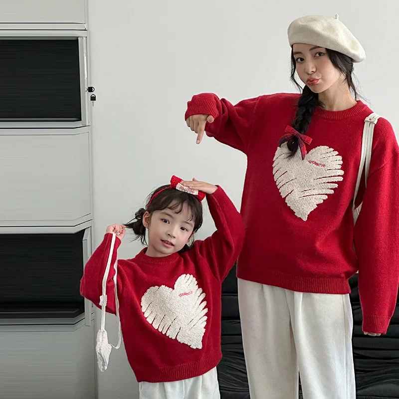 

Heart Family Red Sweater Christmas New Year Parent-child Thick Warm Knit Jumper Winter Mother Father and Daughter Son Clothes