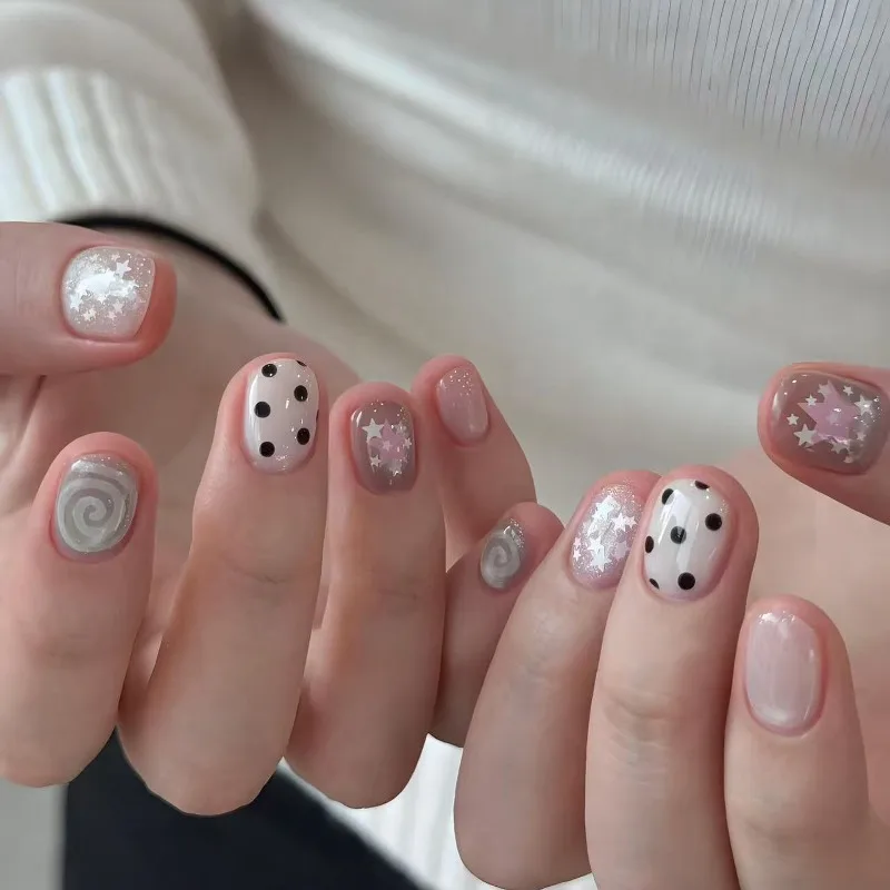 

30cs Fake Nails Sweet Pink Frosted Starry Polka Dot and Cheerful Designs—High-Quality Press-On Nails Perfect As Gifts for Girls