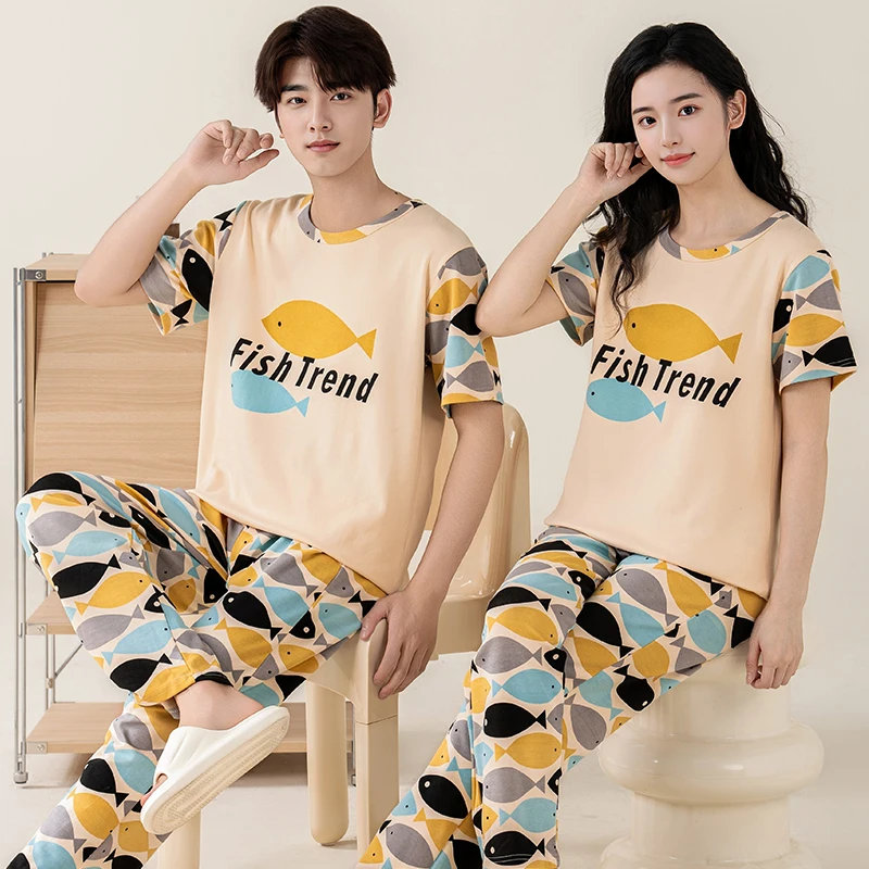 Fish Cartoon Cute Cotton Nightwear for Couples Summer Homewear Women and Men Matching Short Sleeves Long Pant Pyjamas Mujer