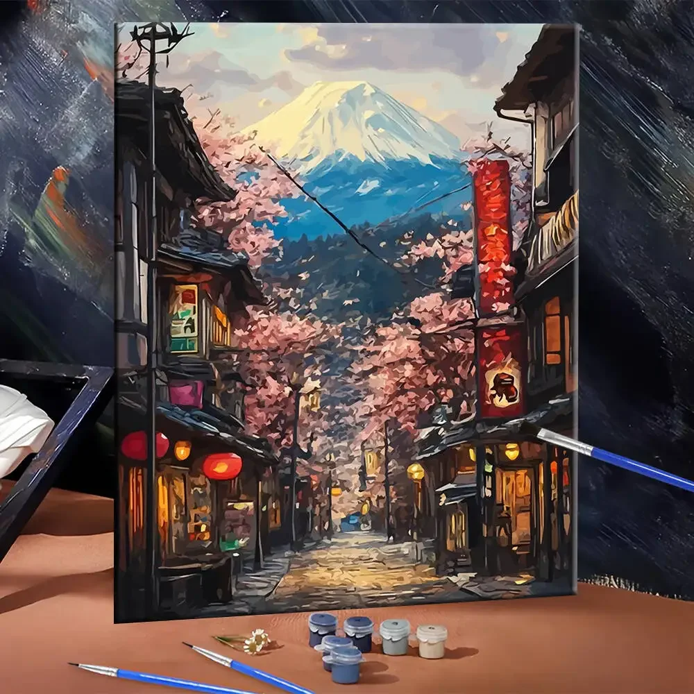 لوحة زيتية رقمية منزل شجرة الشارع الجبلية رسم يدوي بالأرقام مشهد المناظر الطبيعية طلاء أكريليك على قماش ديكور المنزل Gi