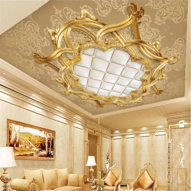 

Gold 3D Ceiling Wallpaper European style Pattern soft bag wallpapers for living room bedroom 3d ceiling wall papers home decor