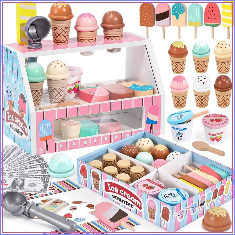 

Wooden Ice Cream Shop Playset for Toddlers, Kids Kitchen Accessories with Scoop & Menu & Fake Money, Pretend Play Food Toys for 3-5 Year Old Girls Boys