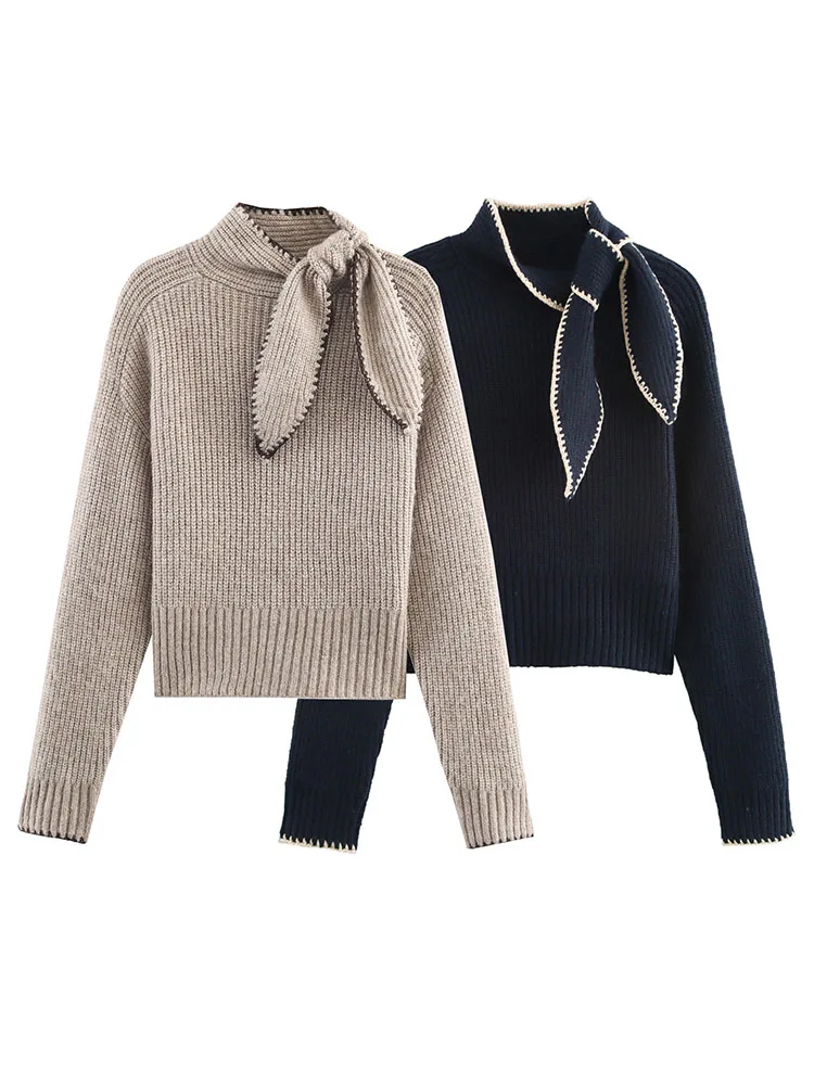 

HH Winter Women's New Fashion Versatile Bow Decorated Sweater 2026 Female Loose Casual Stand Collar Long Sleeve Pullover Sweater