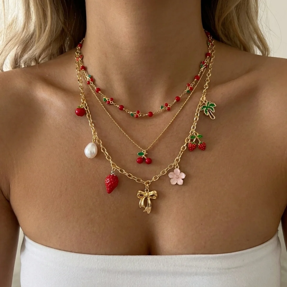 Rote Kirsche Erdbeer-Simulationsperlen-Halskette für Damen und Herren, mehrschichtig, Keramikblume, Schleife, Herz, Baum, Choker, Hochzeitsschmuck – Detail 21