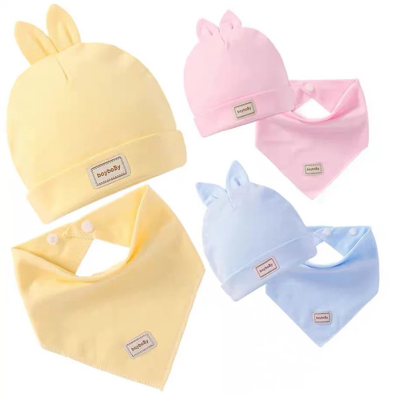

Cute Kids Hat with Bibs Candy Solid Color Cap Boys Girls Baby Beanies Hats Double Layer Cotton Caps Bibs For Newborn Infant