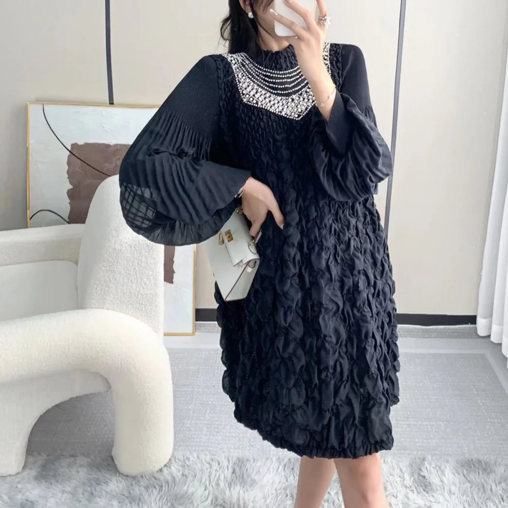 Pleats Pleated Dresses Stapled Beaded Large Size Mid-length Dresses Commuter 2024 Fall Winter Casual Embroidery Skinny Dresses