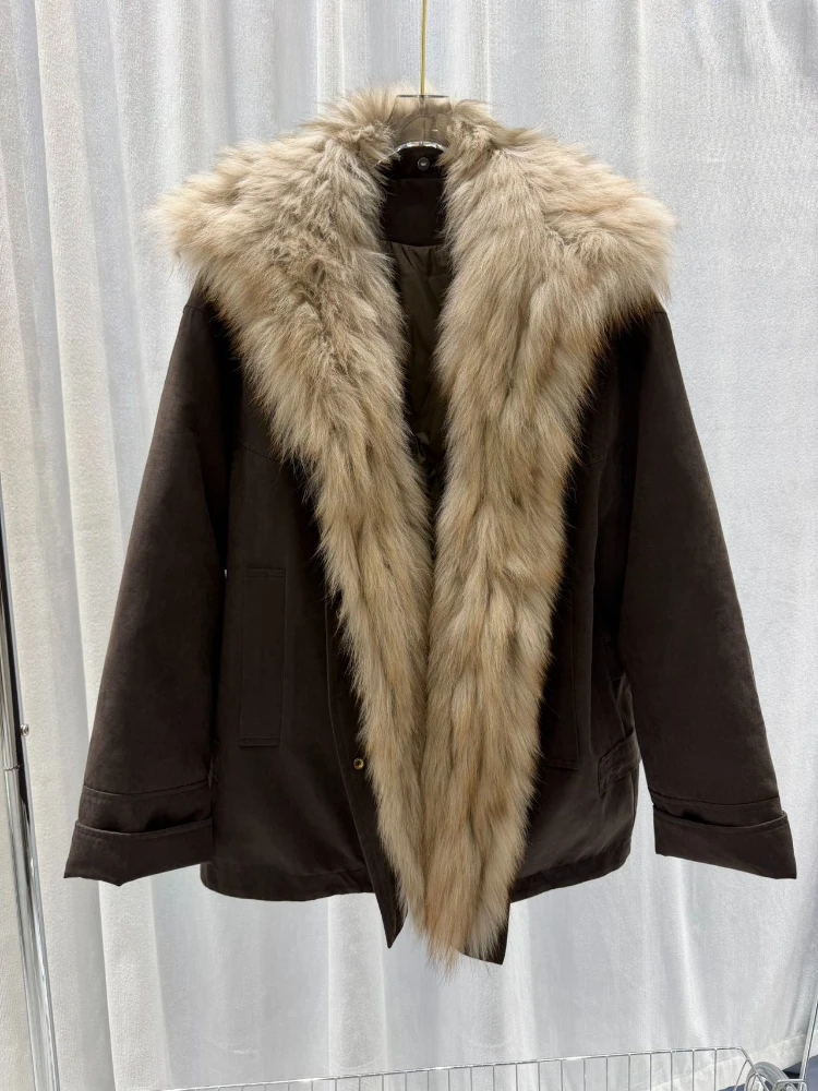 Real Fox Fur Collar Coat Ultra Warm Women's Goose Down Jacket Zipper Closure Premium Fur Old Money Style Winter for Evening Wear