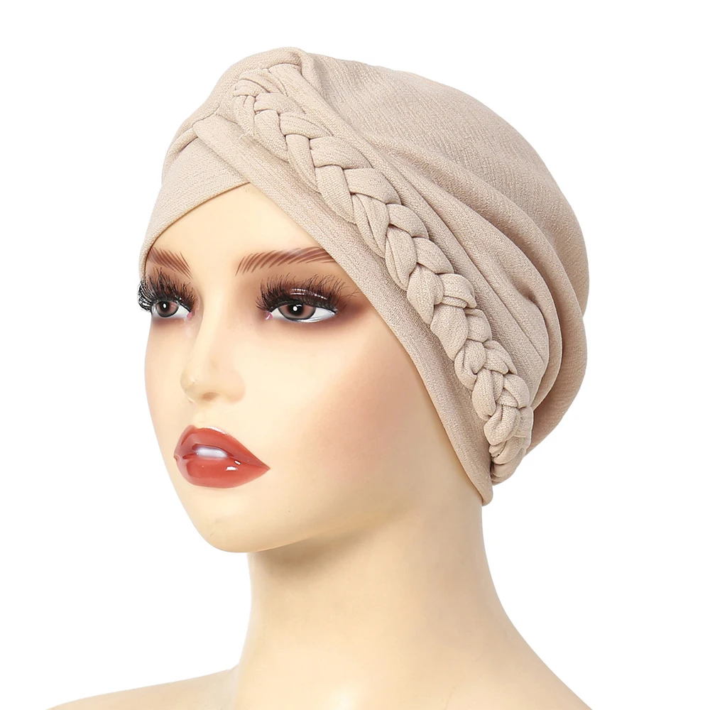 Hijab trança torção elegante para mulheres, chapéu de turbante rosa clássico, boné de cabelo feminino poliéster, lenço cáqui, primavera e outono