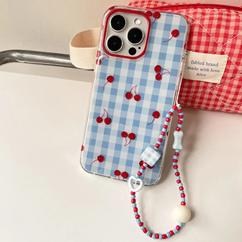 Funda de teléfono con diseño de cereza y rejilla de chica de lujo para iPhone 17 16 16e 15 14 13 12 11 Mini Pro Max X XR XSMax 7 8 Air Plus contraportada