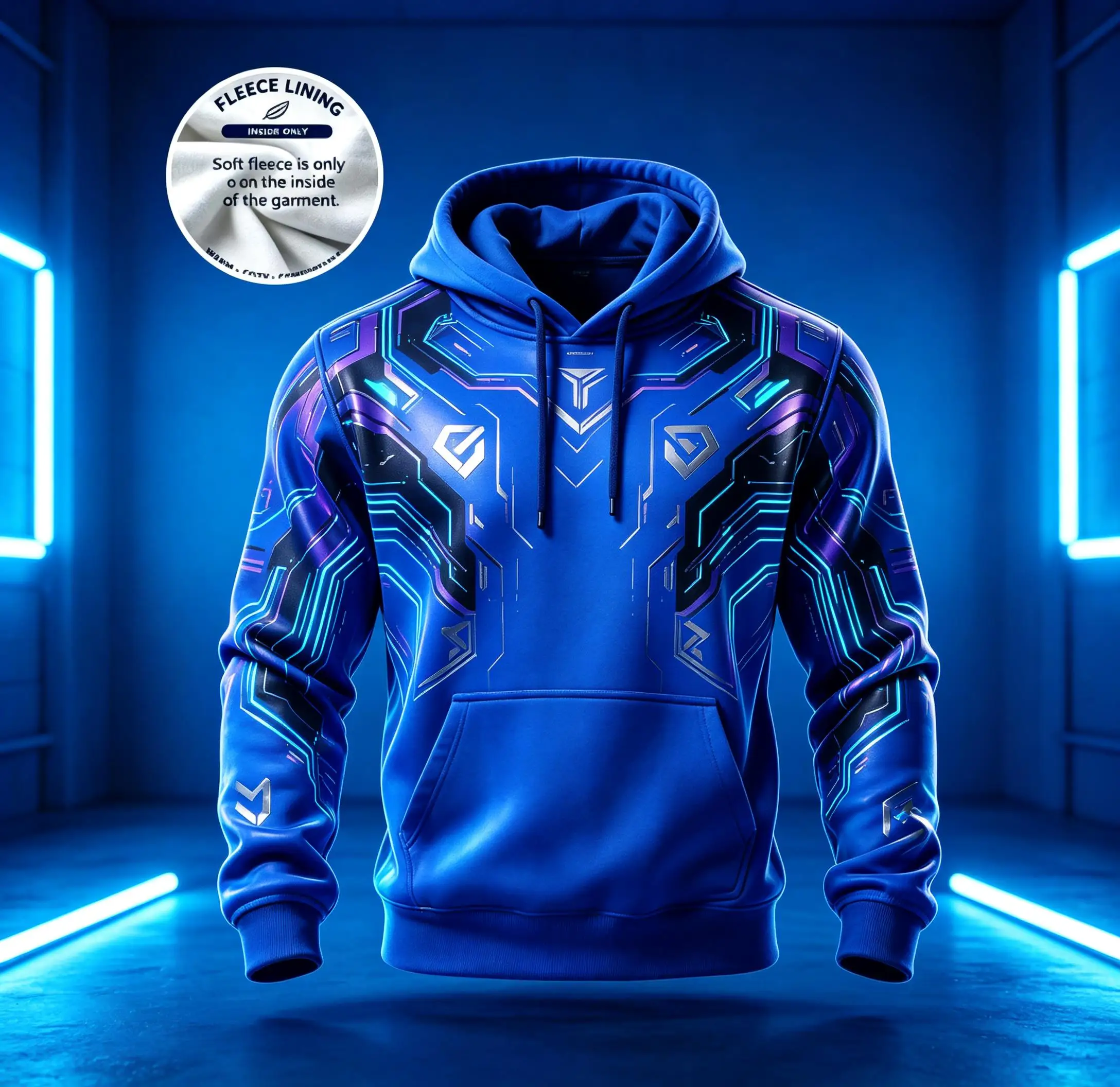 Men Fleece Lined Hoodie Royal Blue Cyber Mecha Circuit All Over Print Drawstring Pullover Streetwear Sweatshirt
